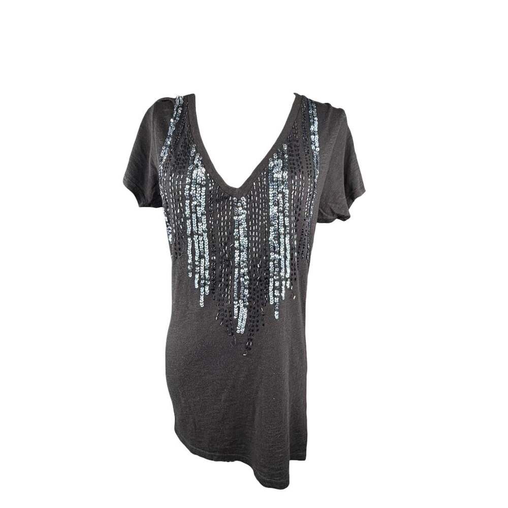 Threads 4 Thought Black V-Neck T-Shirt with Beaded Sequin Embellishment Size L